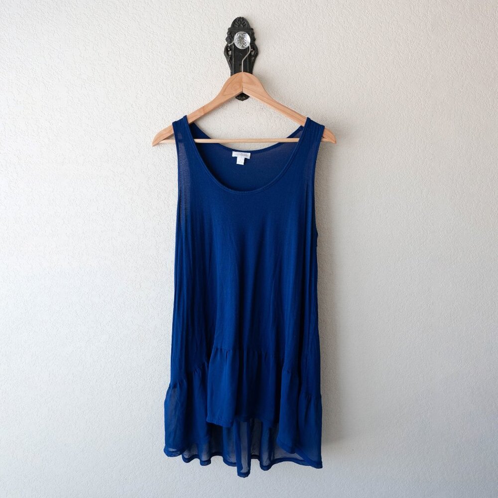 Charming Charlie Blue Sleeveless Tunic L Sheer Ruffle Hem Layered Flowy Top